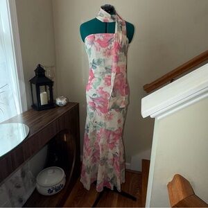 Elegant Floral Mermaid Style Maxi Dress with Scarf Detail